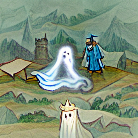 A ghost appearing to a wizard in a kingdom of Larion.